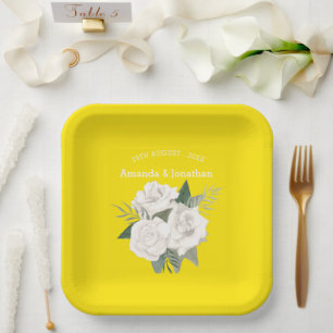 Assiettes En Carton Elégant canari jaune et blanc Roses Mariage