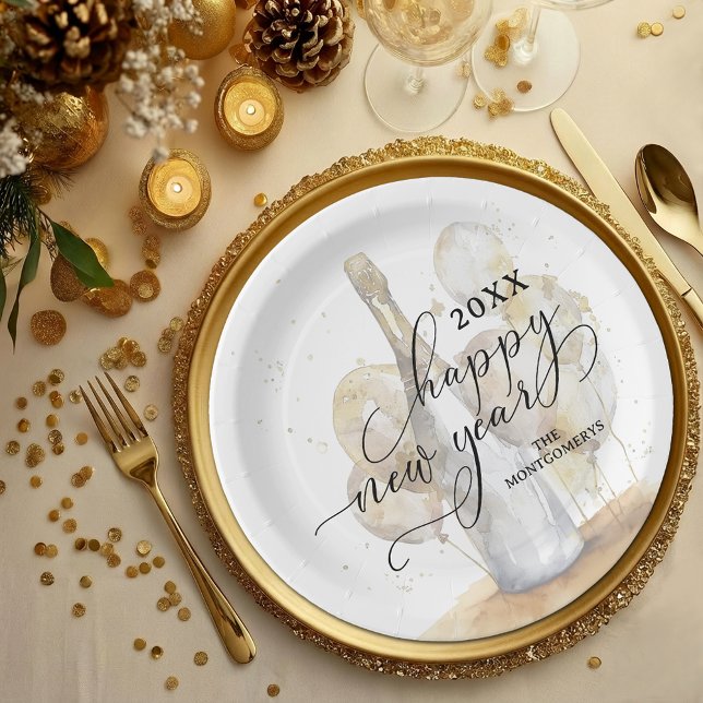 Assiettes En Carton Elegant Champagne and Balloons Happy New Year (Elegant Champagne and Balloons Happy New Year Paper Plates)