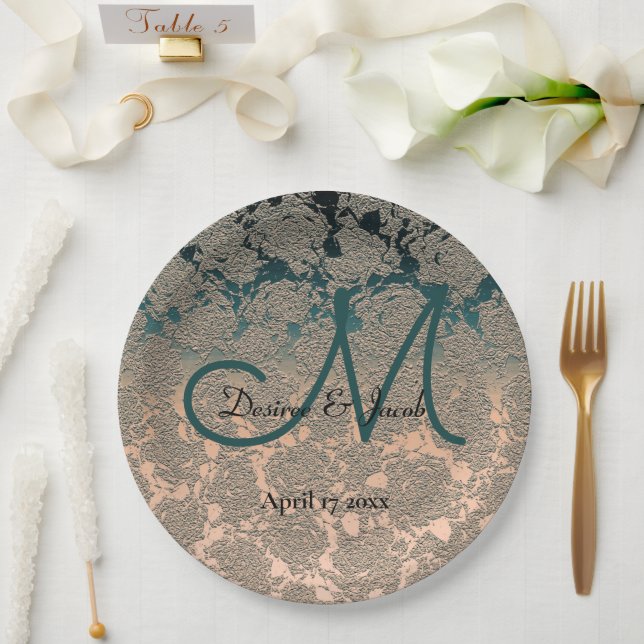 Assiettes En Carton Élégant Champagne Et Turquoise Monogramme Thème Ma (Mariage)