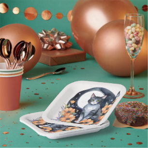 Assiettes En Carton Élégant Chat Noir Floral Moon Art - La nature insp