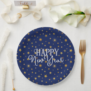 Assiettes En Carton Elégant Chic Navy Blue & Gold Stars Bonne année