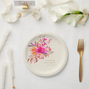 Assiettes En Carton Elégant Chic Rose Aquarelle Mariage Floral Personn