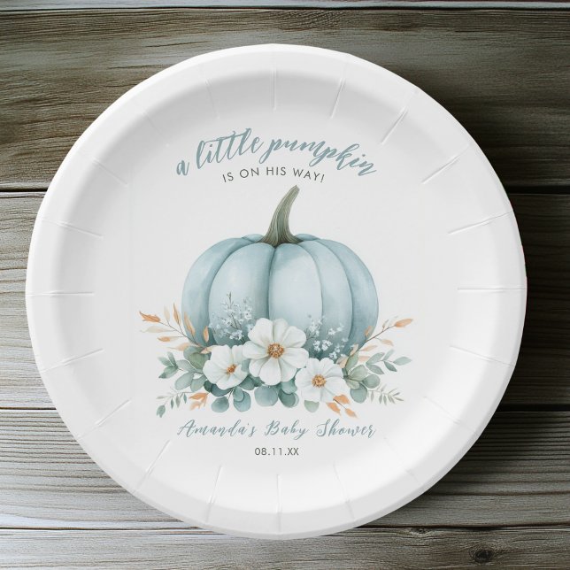 Assiettes En Carton Elégant Citrouille bleu automne Floral Boy Baby sh (Créateur téléchargé)