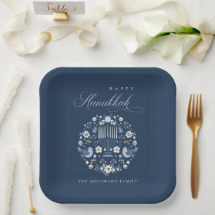 Assiettes En Carton Elégant Classy Navy Blue Happy Hanoukka Floral
