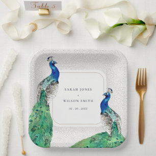 Assiettes En Carton Elégant Classy Ornate Aquarelle Peacock Mariage