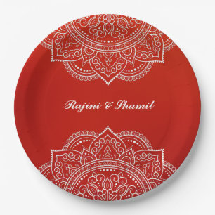Assiettes En Carton Élégant Crimson blanc Mandala Mariage indien hindo