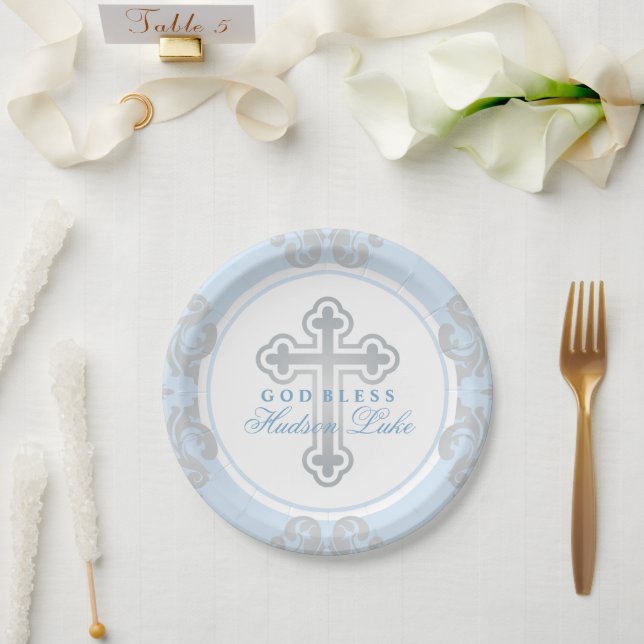 Assiettes En Carton Elégant croix d'argent bleu Damask Baby Boy Baptis (Mariage)