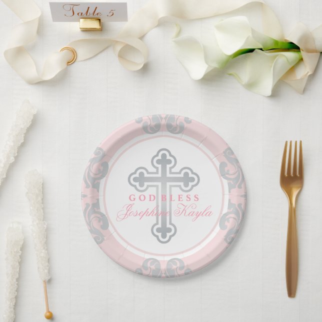 Assiettes En Carton Elégant croix d'argent rose Damas bébé fille Baptê (Mariage)