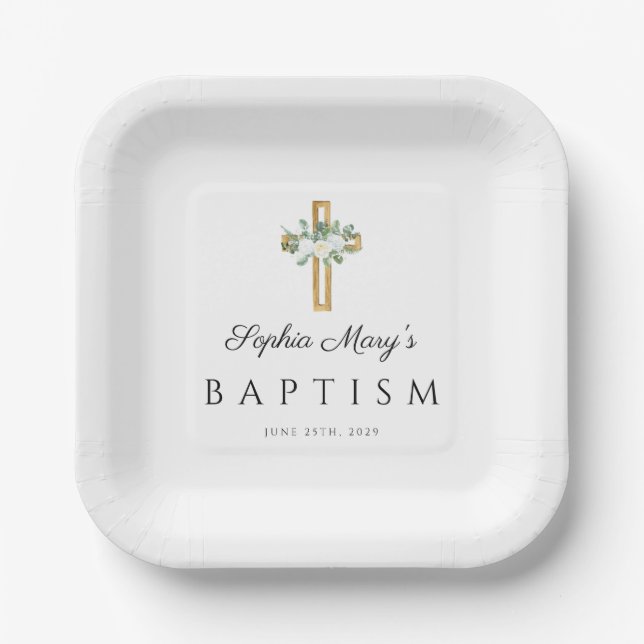 Assiettes En Carton Elégant Croix Religieuse Blanc Baptême Floral (Recto)