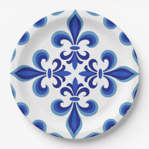 Assiettes En Carton Élégant Damassé Bleu pour Déjeuner 