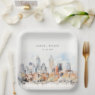 Assiettes En Carton Elégant Denver Colorado Skyline Watercolor Mariage