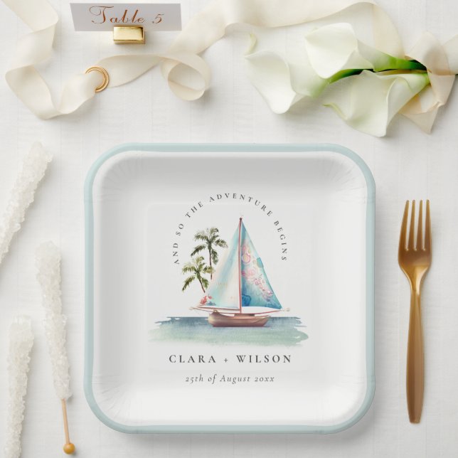 Assiettes En Carton Elégant Dusky Turquoise Sailboat Palm Mariage mari (Mariage)