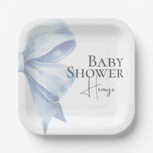 Assiettes En Carton Elégant Dusty Blue Bow Aquarelle Baby shower Garço