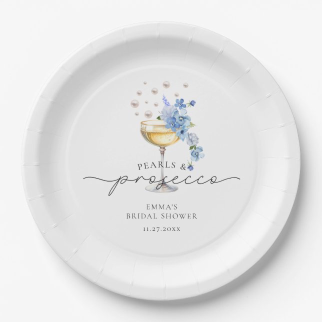 Assiettes En Carton Elégant Dusty Blue Pearls & Prosecco Fête des mari (Devant)