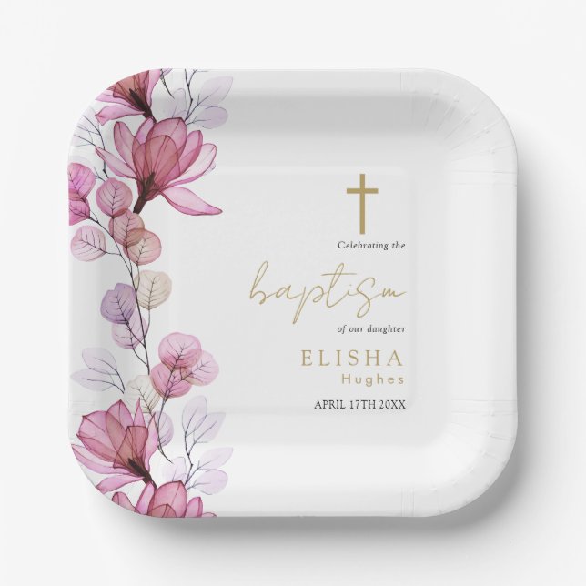 Assiettes En Carton Élégant Dusty Rose Baptême floral transparent (Recto)