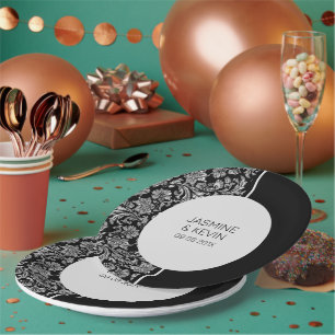 Assiettes En Carton Élégant écran en argent Damask & Black Split