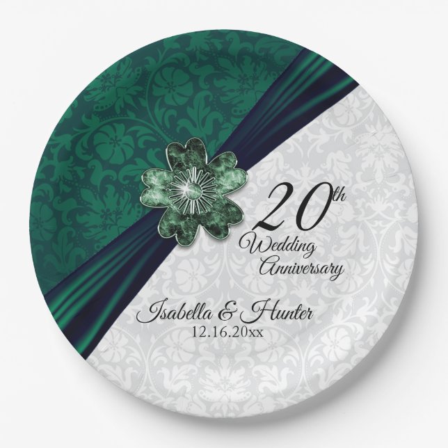 Assiettes En Carton Élégant Emerald Damask 20e anniversaire (Devant)