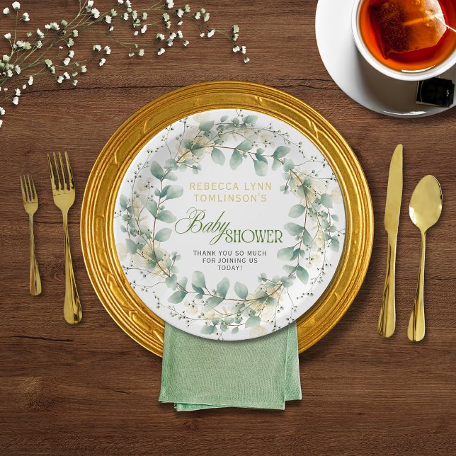Assiettes En Carton Elégant Eucalyptus Baby shower neutre genre (Créateur téléchargé)