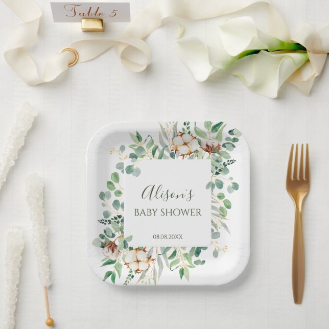 Assiettes En Carton Elégant Eucalyptus Carré Baby shower verdoyant (Mariage)