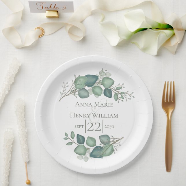 Assiettes En Carton Elégant Eucalyptus Feuilles de feuillage (Mariage)