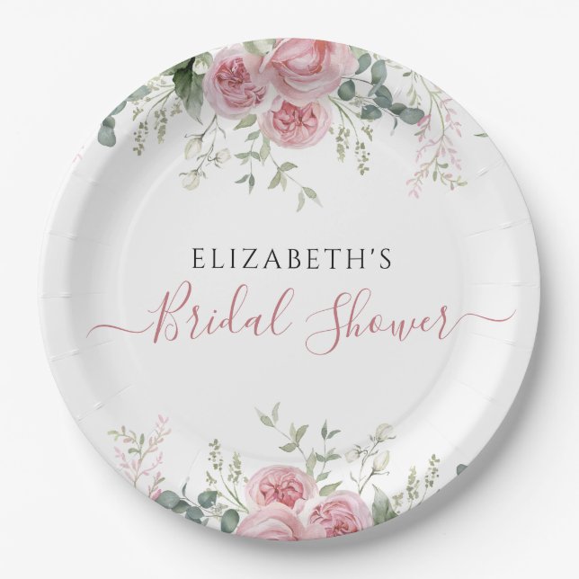Assiettes En Carton Elégant Eucalyptus & Roses Rose Invitation (Devant)