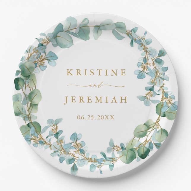 Assiettes En Carton Elégant Eucalyptus Verdure Wreath Gold Mariage (Devant)