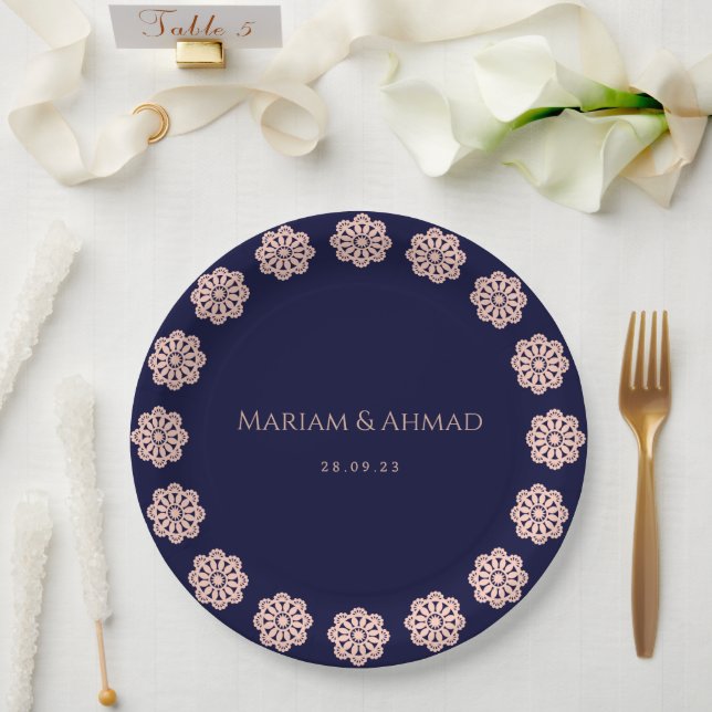 Assiettes En Carton Elégant Faux Rose & Marine Ornamental Floral Maria (Mariage)