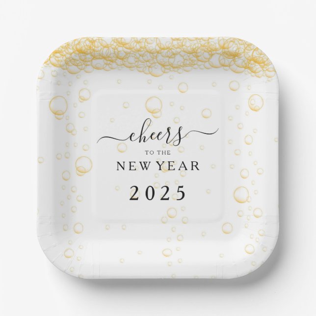 Assiettes En Carton Elégant Fizz de Champagne Réveillon du Nouvel An (Recto)