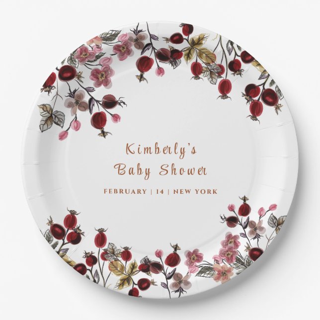 Assiettes En Carton Élégant Fleur sauvage  Baby shower Berry (Devant)