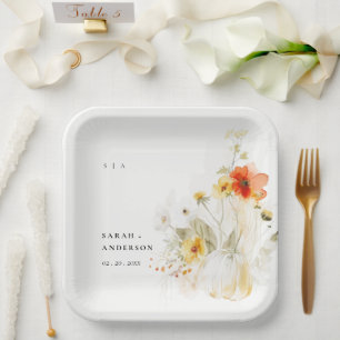 Assiettes En Carton Elégant Fleur sauvage  Citrouille aquarelle Mariag