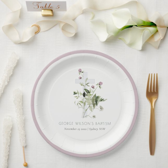 Assiettes En Carton Élégant Fleur sauvage croisé violet Baptême floral (Mariage)