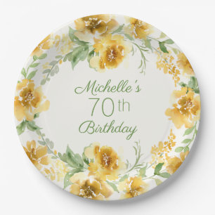Assiettes En Carton Élégant floral aquarelle jaune 70 ans  P
