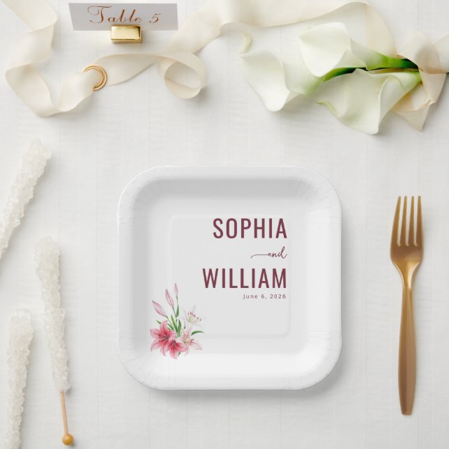 Assiettes En Carton Élégant floral bordeaux (Mariage)