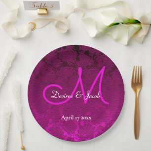 Assiettes En Carton Élégant Fuchsia rose chaud Mariage Monogramme