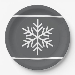 Assiettes En Carton Élégant Fun Moderne Gris Blanc Gris Stripes Snowfl