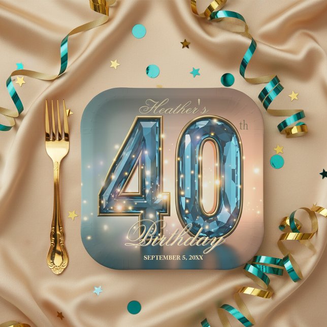 Assiettes En Carton Elegant Glamorous Teal Crystal 40th Birthday Party (Créateur téléchargé)