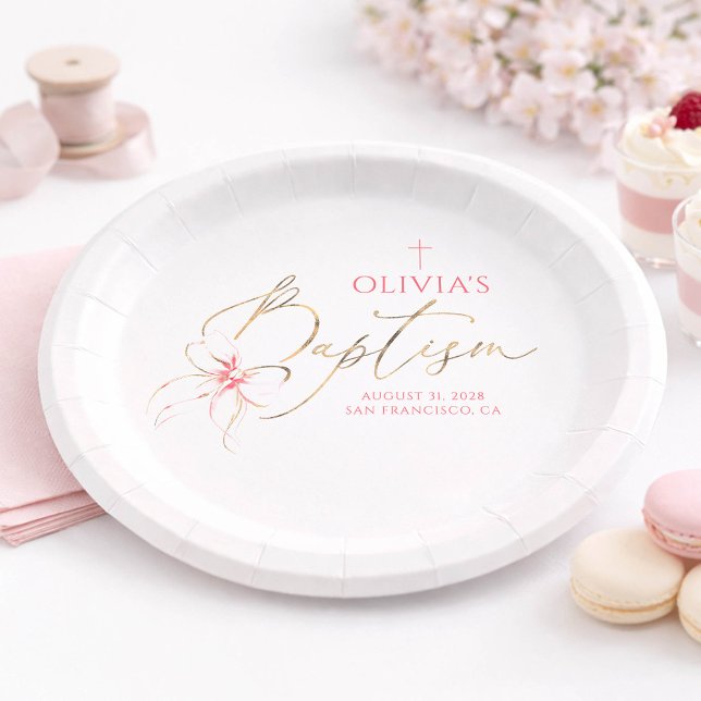 Assiettes En Carton Elegant Gold and Pink Bow Girl Baptism (Pink Bow Baptism Plates)
