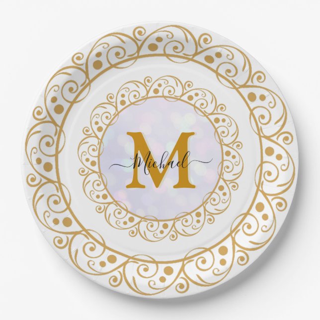 Assiettes En Carton Elegant Gold Glitter Initial & Name (Devant)