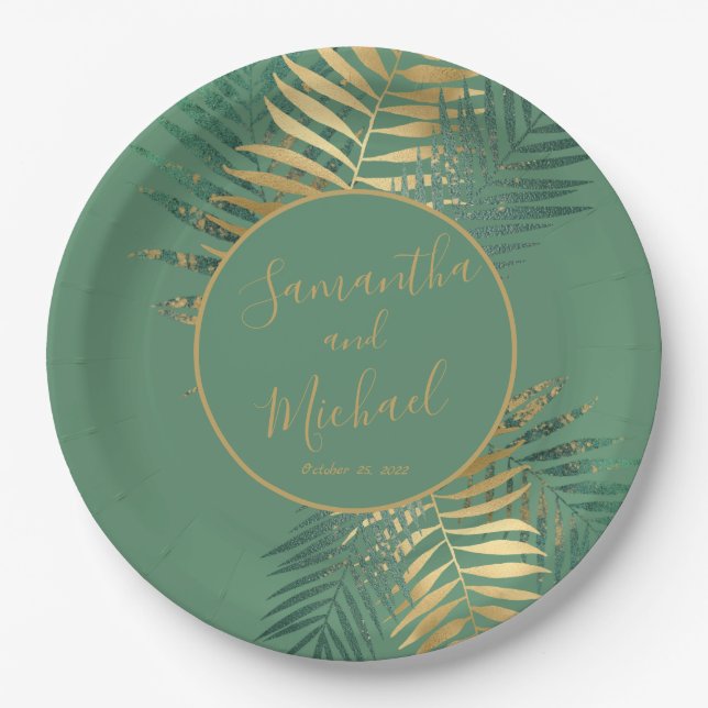 Assiettes En Carton Elégant Gold Green Plante Feuille Mariage (Devant)