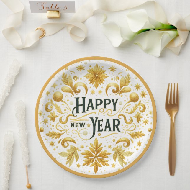 Assiettes En Carton Elegant Gold Happy New Year  Paper Plate (Mariage)