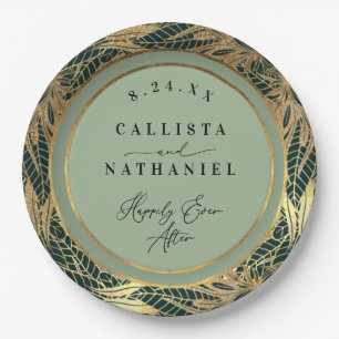 Assiettes En Carton Elégant Gold Sage Vert verdure Feuille Mariage