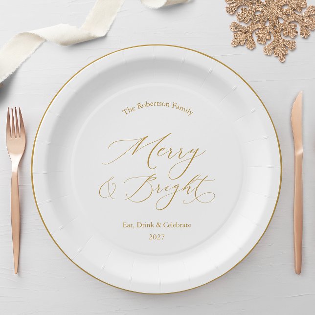 Assiettes En Carton Elegant Gold Script “Merry & Bright” Christmas (Créateur téléchargé)