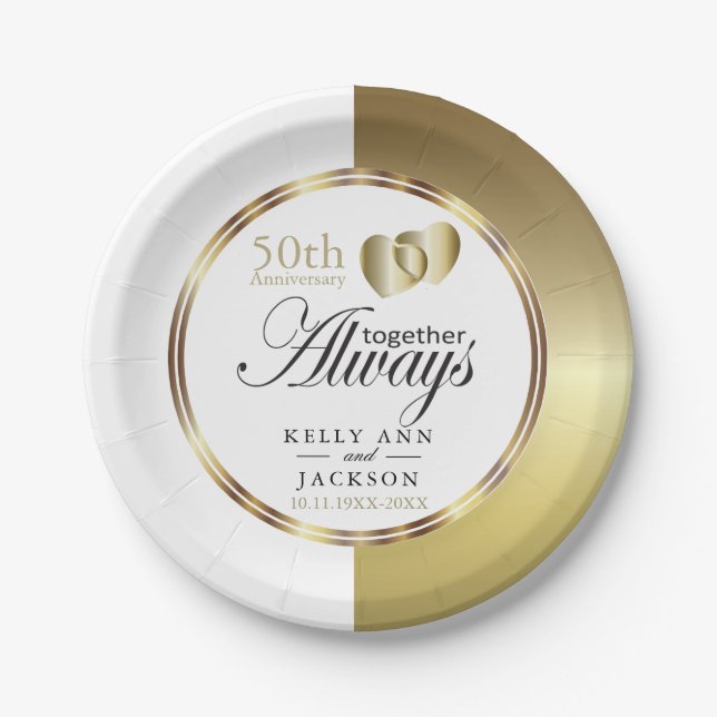 Assiettes En Carton Elégant Golden 50th Heart Design (Devant)