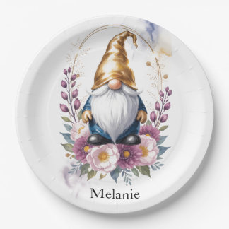 Assiettes En Carton Elegant Golden Gnome in Floral Bouquet