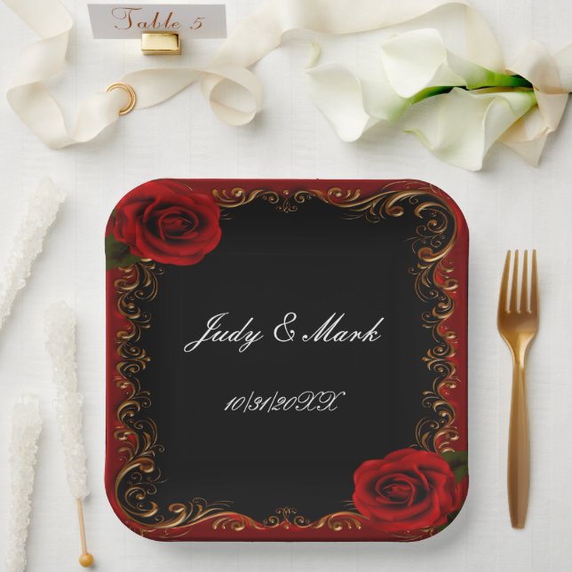 Assiettes En Carton Élégant Goth Red Roses (Mariage)
