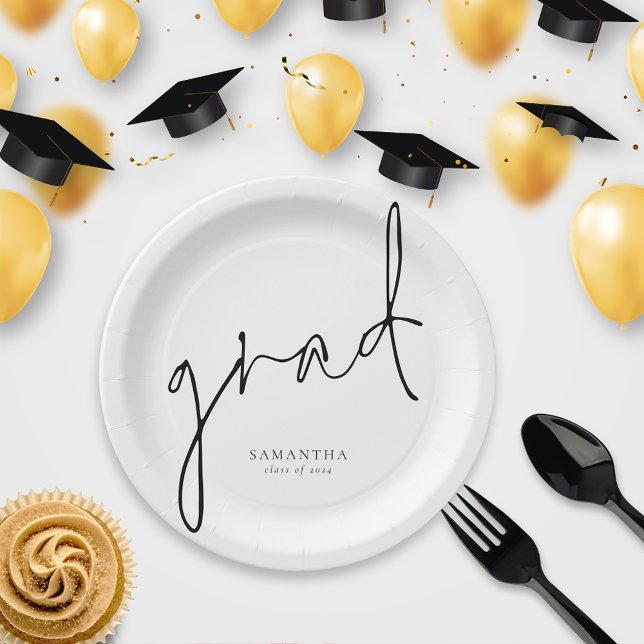 Assiettes En Carton Élégant Grad Black Script Nom Graduation (Créateur téléchargé)