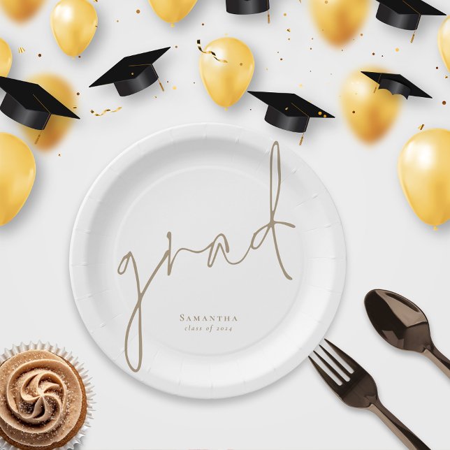Assiettes En Carton Élégant Grad Gold Script Nom Graduation (Créateur téléchargé)