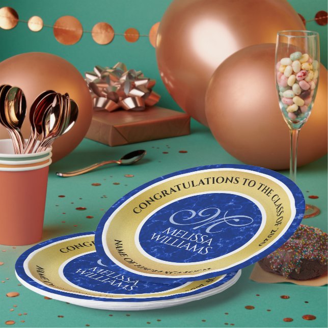 Assiettes En Carton Élégant Graduation Monogramme Bleu Marbre Or Huile (Multi)