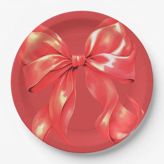 Assiettes En Carton Élégant Grand Bow Rouge (Devant)