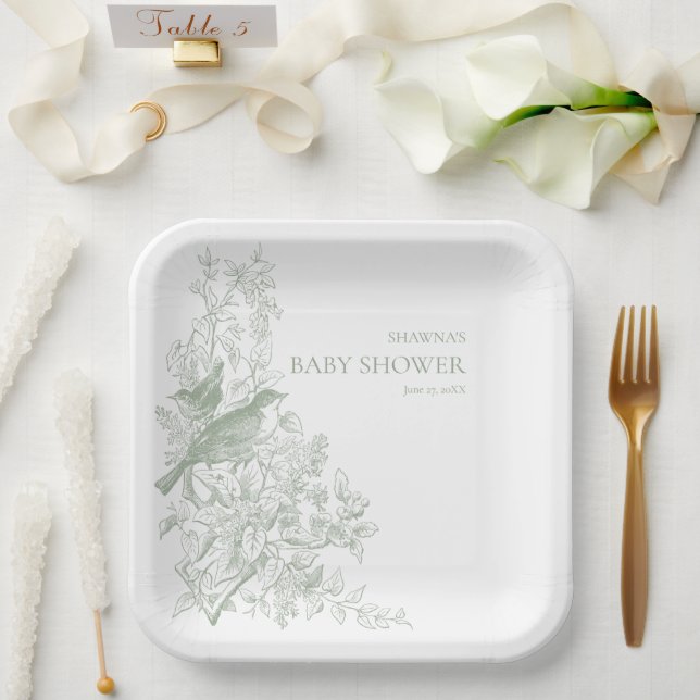 Assiettes En Carton Elégant Green Chinoiserie Nature Birds Baby shower (Mariage)